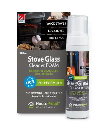 HouseProud Wood Stove Glass Cleaner Foam Spray Bottle 200ml - Concentrated Fireplace Door Window Cleaner Spray Removes Soot Grease Tar Burnt-on Deposits - Scentless Non-scratching Biodegradable