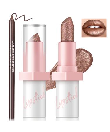 Metallic Dark Brown Lipstick Liner Set Long Lasting Shiny Glitter Diamond Plump Lipstick Combos Full Coverage High Impact Lip Color Non Stick Cup Lightweight Lip Makeup for Women#8