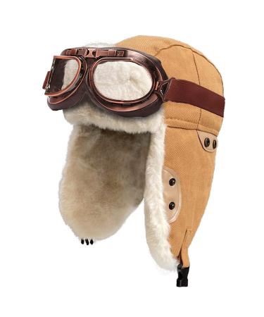Peicees Trapper Aviator Hat and Goggles Costume Accessories Bomber Trooper Ushanka Hat Cap with Fur Ear Flap Camel Hat+cooper Frame/Clear Lens