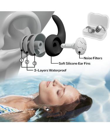 Waterproof Silicone Ear Plugs for Swimming - 2 Pack for Adults & Teens 12+, Ideal for Pool, Surfing, Kayaking, Canoeing - Black+Gray - Buy Online on SooperMarket.com
