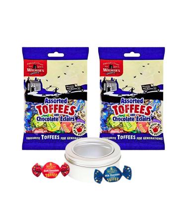 Toffee Sweets Walkers Assorted Selection with Chocolate Eclairs x 2 Bags 300g Bundle with Silver Window Lid Refillable On-the-Go Tin