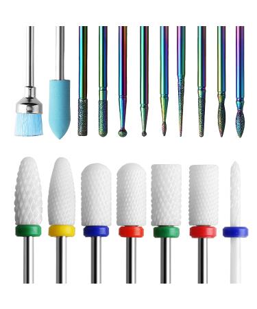 ERUIKA 18pcs Nail Drill Bits Sets, 3/32 Inch Ceramic Diamond Cuticle Electric Nail Cutter Acrylic Gel Nail Bit Kit, Cuticle Remover Crystal Nail Extension Bits for Nails Home Salon