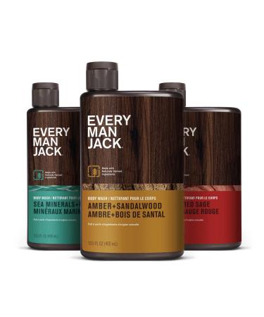 Every Man Jack Men's Body Wash Variety Pack - Includes 3 Body Washes with Natural Ingredients & Incredible Scents - Amber + Sandalwood Cedar + Red Sage Sea Minerals + Citron Fragrances