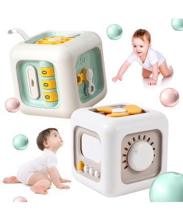 Dazztime Busy Activity Cube for Toddlers 2 pieces of motor cubes Montessori toys switch fan mirror buttons learning drawers Fidget toys for babies and toddlers 1 2 3 4 years.Gray green