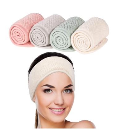 Whaline 4 Pack Spa Facial Headband Super Absorption Makeup Hair Wrap Adjustable Coral Fleece Hair Band Soft Towel Head Band for Face Washing Shower Sports Yoga (Pea Green Pink Beige Light Gray)