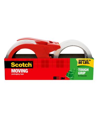 Scotch Tough Grip Moving Packaging Tape, 1.88" x 54.6 yd, Strong Hold on All Box Types Including Recycled, Secures Boxes up to 80 lbs, 3" Core, Clear, 2 Rolls with 1 Dispenser (3500-2-1RD)