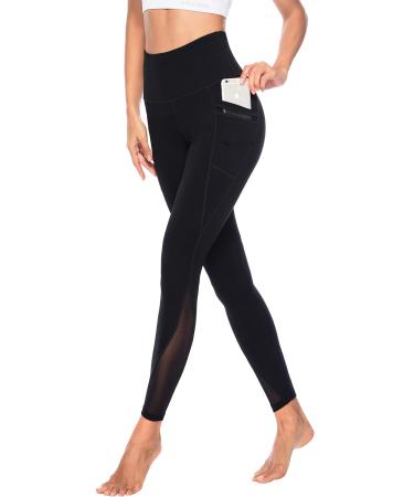Persit Women's Sports Leggings with Pockets - Opaque Long Sports Pants with Mesh Inserts 38 Black