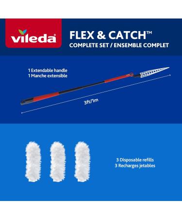 Vileda Flex & Catch Duster | Heavy Duty Dusting Kit with 3 Disposable Duster Refills | Extendable 3 Ft Handle with Stay-On Duster Hook | Traps 3X More Dust Than Feather Dusters Dusting Kit + 3 Duster Refills - Buy Online on SooperMarket.com
