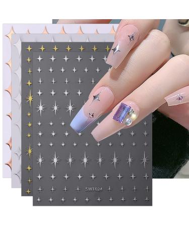 JMEOWIO 9 Sheets Colorful Star Nail Art Stickers Decals Self-Adhesive Silver Nail Supplies Nail Art Design Decoration Accessories