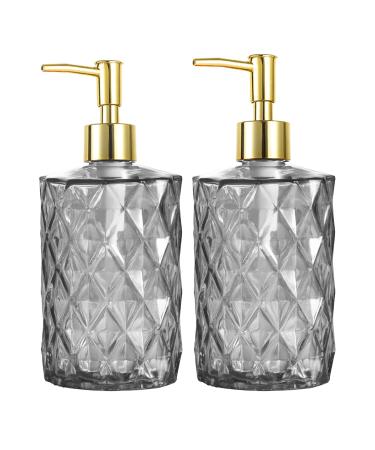 HOHAOO Versatile Glass Soap 14 Oz Dripless Pump Bottle Refillable Liquid Hand Jar Dispenser for Bathroom Countertop Kitchen Laundry Room(2 Pack Grey-Diamond Streak Diamond Streak Grey