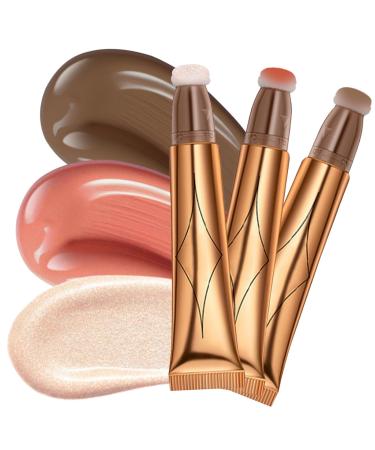 Ofanyia 3pcs blush contour magic wand liquid glitter face highlighter stick with cushion applicator cruples-free silky smooth shimmer beauty wall for face cheekbone glow gray brown+pink blush+pearl white highlighter