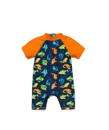 BONVERANO Baby Boys Swimsuit Toddler Bathing Suit Short-Sleeve Zipper One Piece Swimwear with UPF 50+ Sun Protection 12-18 Months Colorful Shark