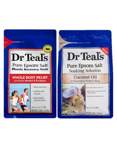Dr. Teals Epsom Salt Soak Combo (8.5 lbs Total) - Muscle Recovery Soak with Arnica & Menthol  and Nourish and Protect with Coconut Oil - Treat Skin and Relieve Sore Muscles
