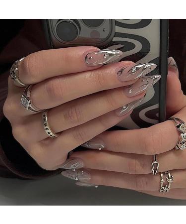 MISUD Press on Nails Medium Almond Fake Nails Glossy Glue on Nails Chrome Swirl Acrylic Nails Stiletto Silver Aurora Artificial Nails 3D Pearl Flash False Nails with Design 24 pcs 03301Silver
