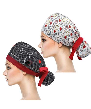 YUESUO 2 Pack Working Cap with Buttons and Sweatband Cotton Working Hats with Adjustable Ponytail Pack Ribbon Tie Back Hats for Women & Men Long Hair Head Covers Shower Caps
