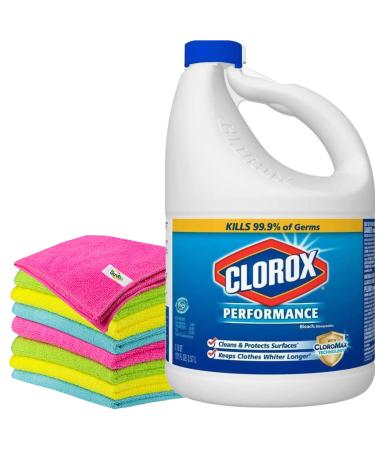 Bleach Liquid Cleaner for Laundry and Bathroom 121 oz. Includes 6-Pack Microfiber Cleaning Cloths - Effective Bulk Bleach Cleaner Concentrate for Laundry Linens Floors Bathroom Tiles