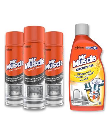 Mr Muscle Oven Cleaner Heavy Duty Oven Cleaner & Degreaser (3x300ml) & Kitchen Drain Unblocker & Cleaner Gel Dissolves Clogs 3x Better than Bleach Safe for Pipes (1x500ml)