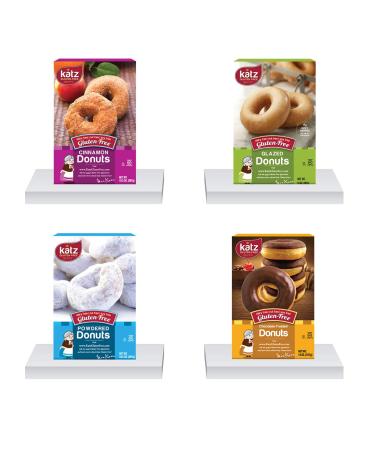 Katz Gluten Free Snacks Top 4 Donut Flavors | Gluten Free, Dairy Free, Soy Free, Nut Free | Powdered, Glazed, Cinnamon, Chocolate Frosted | Kosher (1 Pack of each, 4 Total)