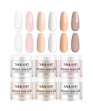 Saviland Acrylic Powder Set: Professional Keratin Nude Pink Acrylic Powder Clear White Acrylic Nail Powder Acrylic Nail Kit for Beginner Manicurist Nail Extension Home Salon Nail Care 0.5oz*6