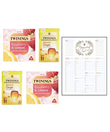 Fruit Tea Bags Bundle which Contains Twinings Raspberry & Lemon Fruit Tea 20 per pack (2) and Twinings Spiced Ginger 20 Tea Bags (2) Including Grocery List Card