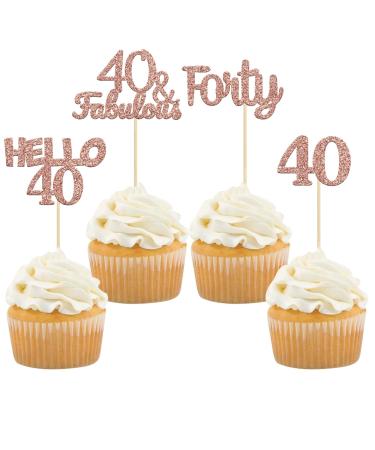 Gyufise 24 Pack Glitter 40th Birthday Cupcake Toppers Hello 40 Forty Cake Decorations 40 & Fabulous Cupcake Picks for 40th Birthday Cake Decorations Supplies Rose Gold RG 40
