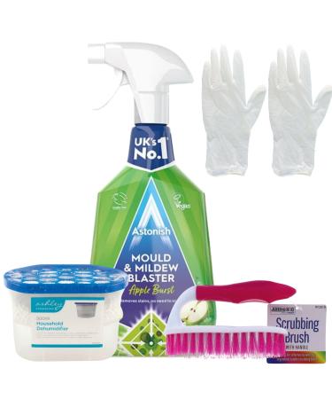 Dehumidifier For Home and Mould Remover Set - Bundle Includes Dehumidifier Damp Absorber Astonish Mould and Mildew Remover Spray Scrubbing Brush Pair of Gloves