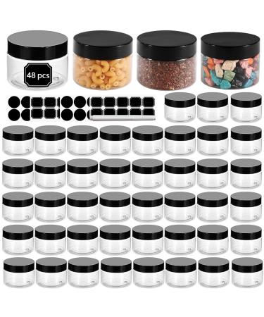 48 Pack 120ml 4 oz Empty Clear Plastic Jars with Black Lids, Refillable Round Containers for Slime,Beauty Products, powder, Cream, Scrubs, Cookie,Dried Fruit. Include 1 Pen and 120 Labels. 4oz- 48 Pack
