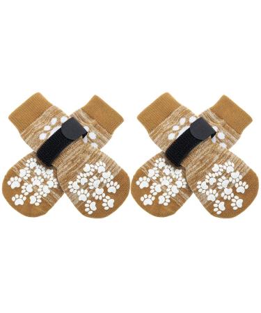 Double Side Anti-Slip Dog Socks 2 Pairs - Adjustable Pet Paw Protector with Strap, Traction Control Non-Skid for Indoor on Hardwood Floor Wear, Paw Protection for Puppy Pets Dogs Khaki Medium (4 Count)
