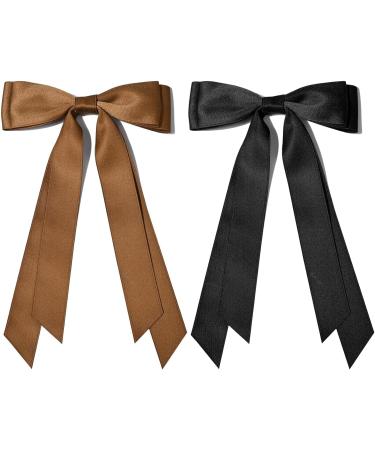 2PCS Silky Satin Hair Bows Hair Clip Black Hair Ribbon Ponytail Holder Accessories Slides Metal Clips Hair Bow for Women Girls Toddlers Teens Kids (Black+Coffee) - Buy Online on SooperMarket.com