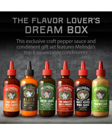 Melinda's Craft Pepper Sauce Gift Set - Black Truffle, Thai Sweet Chili, Roasted Garlic & Habanero, Ghost Pepper, Spicy Garlic Parmesan - 12 oz, 6 Pack - Buy Online on SooperMarket.com