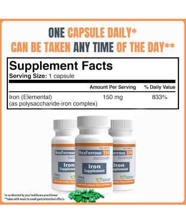 NexFerrous 150 mg | Vegan Iron Supplement | Prevention & Treatment of Iron Deficiency Anemia | Gentle on the Stomach | Easy Absorption | High Potency | 150 mg per capsule | 30 Capsules - Buy Online on SooperMarket.com