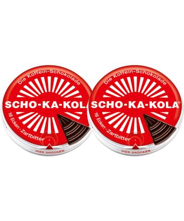 Dark Chocolate SCHO-KA-KOLA with Natural Caffeine from Cocoa Cola-Nut-Powder and Coffee 2 tins x 100 g / Germany