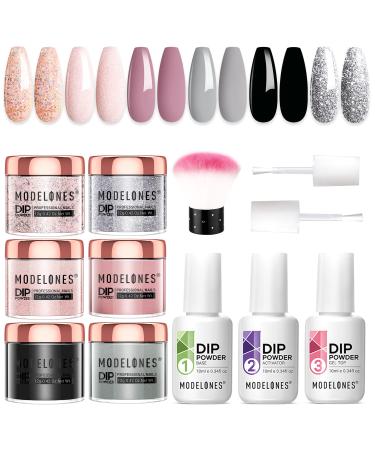 Modelones 6 Colors Dip Powder Nail Kit Starter  12 Pcs Nude Pink Glitter Nail Dip Powder Kit System Essential Liquid Set with Base/Top Coat Activator for French Nail Art Manicure Beginner DIY Salon Golden