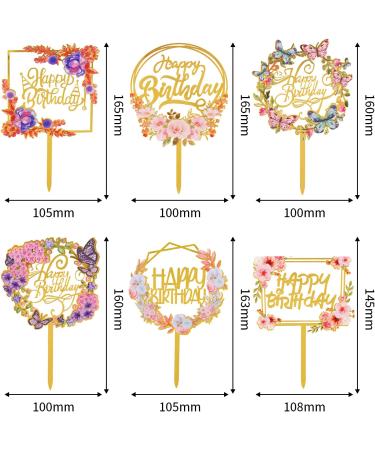 AIBAOBAO 6 Pack Happy Birthday Cake Topper Flowers Cake Toppers Multi-Patterned Acrylic Personalised Cupcake Toppers for Various Birthday Party Girls Kids Baby Wedding Mother Decorations Supplies - Buy Online on SooperMarket.com