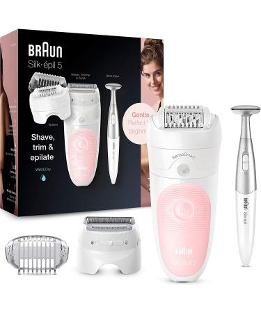 Braun Silk- pil 5 Epilator For Hair Removal 3 In 1 Includes Shaver & Trimmer Head Cordless Gentle Hair Removal Setting Wet & Dry 100% Waterproof 2 Pin Bathroom Plug 5-820 White/Pink SE 5-820