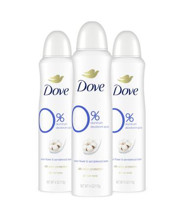 Dove 0% Aluminum Deodorant Dry Spray Cotton Flower & Sandalwood 3 Count for 48-Hour Protection Aluminum Free 4 oz Cotton Flower and Sandalwood 4 Ounce (Pack of 3)