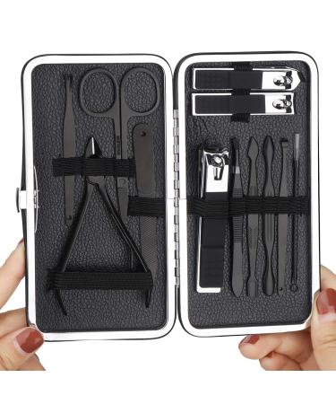 Maincure Set MOMSIV Professional 12Pcs Stainless Steel Nail Clippers Set Pedicure Kit Grooming Tools with PU Leather Case for Girls and Women Gift Black