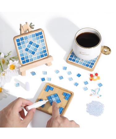 Glass Mosaic Tiles Mosaic Kit with Bamboo Coaster Square Crystal Mosaic Craft Kits for Adults DIY Mosaic Crafts Materials Package Mosaic Supplies for Coaster Handmade Home Decor Gifts