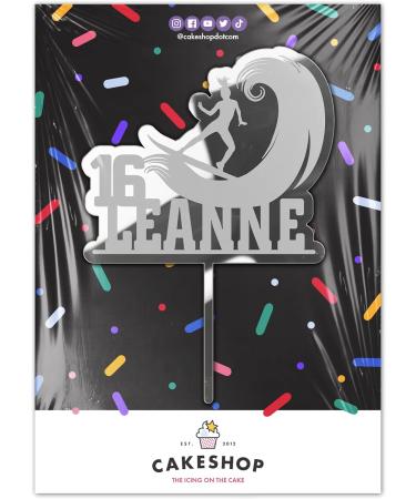 Cakeshop Cake Decoration Pack | Surfer Surfing Theme Premium 3mm Mirror Acrylic Plastic Cake Topper Sign & 25g Party Pack of Cake Sugar Sprinkles | Custom Name & Age Cake Decorations (Silver) Prime Mirror Acrylic: Silver - Buy Online on SooperMarket.com