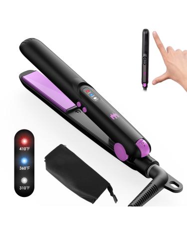 Mini Ceramic Flat Iron 0.7 Inch Hair Straightener for Short Hair Curls Bangs - Adjustable Temperature Portable Dual Voltage with Travel Pouch for Women Men Purple