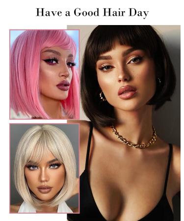 REECHO 11 Short Brown Bob Wig with Bangs - Synthetic Replacement Hair for Women - Chocolate Brown with Blonde Highlights - 11 Inch - Buy Online on SooperMarket.com