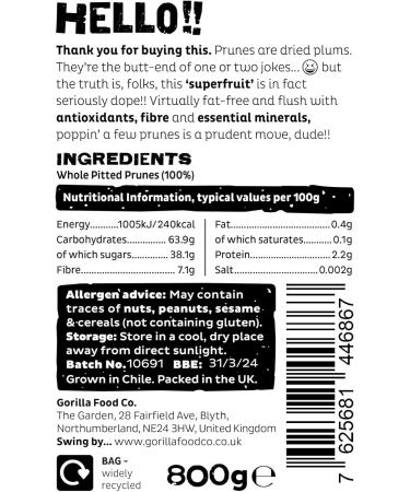 Gorilla Food Co. Natural Pitted Prunes - 800g - Buy Online on SooperMarket.com