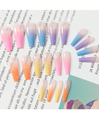 24pcs Rainbow Press On Nails Long Ballerina False Nails Full Cover Coffin Fake Nails Stick On Nails Neon Tip French Manicure Artificial Nails Acrylic Nails Stick On Nail False Tips for - Buy Online on SooperMarket.com