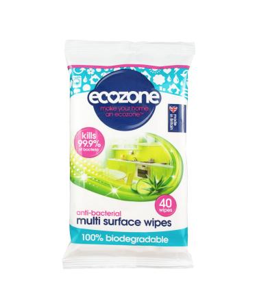 Ecozone Anti-Bacterial Multi-Surface Wipes Biodegradable Moist Wet Anti Bac Disposable Cleaning Cloths Sanitising Worktop Natural Vegan Friendly Non Toxic Wipes Aloe Vera & Cucumber (40 Pack) White+ Green 40 Count (Pack of 1) 1 Pack