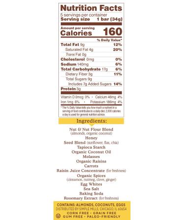 Simple Mills Almond Flour Snack Bars Variety Pack - Nutty Banana Bread & Spiced Carrot Cake - Gluten Free, Organic Coconut Oil, Healthy Breakfast Snacks - 6oz, 5 Count x 3 Pack - Buy Online on SooperMarket.com