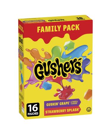 BETTY CROCKER GUSHERS - FAMILY PACK SIZE - Gushin Grape and Tropical Flavours Strawberry Splash Fruit Flavoured Snacks Pack of 16 Pouches 368 Grams Package of Fruit Flavoured Snacks Variety Flavours Pack Fruit Snacks