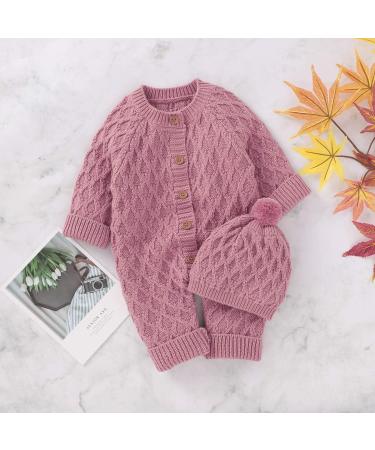 DovFanny Baby Romper Suit | Knit Long Sleeve Jumpsuit with Hat | 6-12 Months | Pink - Buy Online on SooperMarket.com