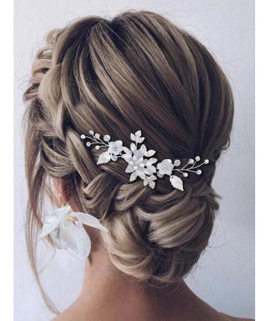 Easedaily Flower Bride Wedding Hair Pin Silver Leaf Crystal Bridal Hair Piece Rhinestone Hair Accessories for Women and Girls free size