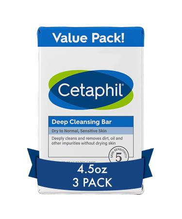 Cetaphil Bar Soap, Deep Cleansing Face and Body Bar, Pack of 3, For Dry to Normal, Sensitive Skin, Soap Free, Hypoallergenic, Paraben Free, Fragrance Free, Removes Makeup, Dirt and Oil 4.5 Ounce (Pack of 3)