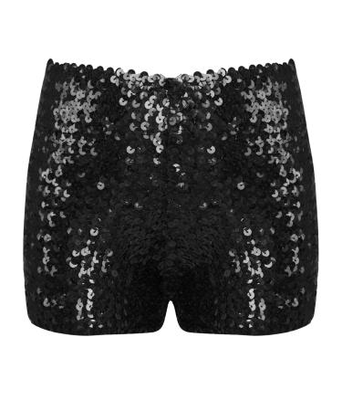 FEESHOW Girls Kids Gymnastic Shorts Glitter Ballet Dance Shorts Boys Metallic Spandex Tumbling Yoga Sports Shorts Black 12-16 Years